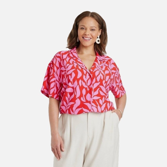 A New Day Crepe Button-Down Shirt – Pink/Red Leaf Print – Size Large - Picture 2 of 3